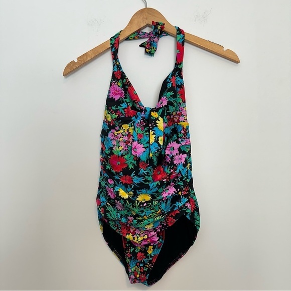 Seafolly black floral print one piece tie around the neck swimsuit - Picture 1 of 13